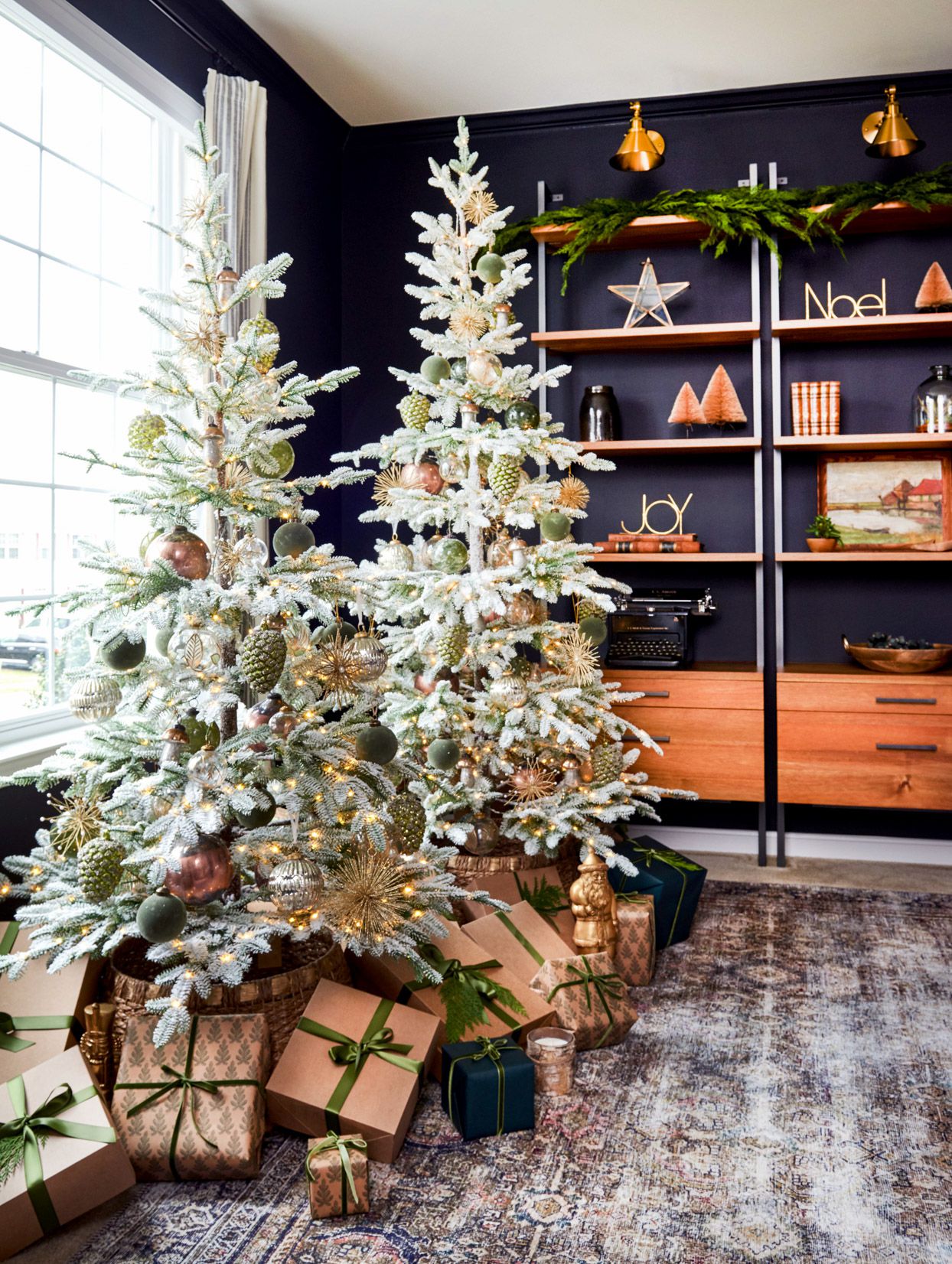Pair of Flocked Christmas Trees with Green and Gold Decor — White Christmas Tree Decor
