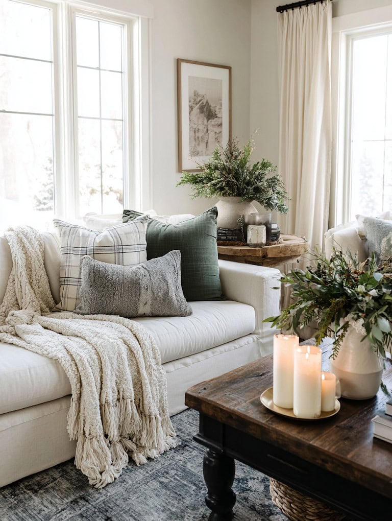 Cozy Sofa Styling with Textured Pillows and Throw Cozy Sofa Styling with Textured Pillows and Throw — Winter Decor After Christmas
