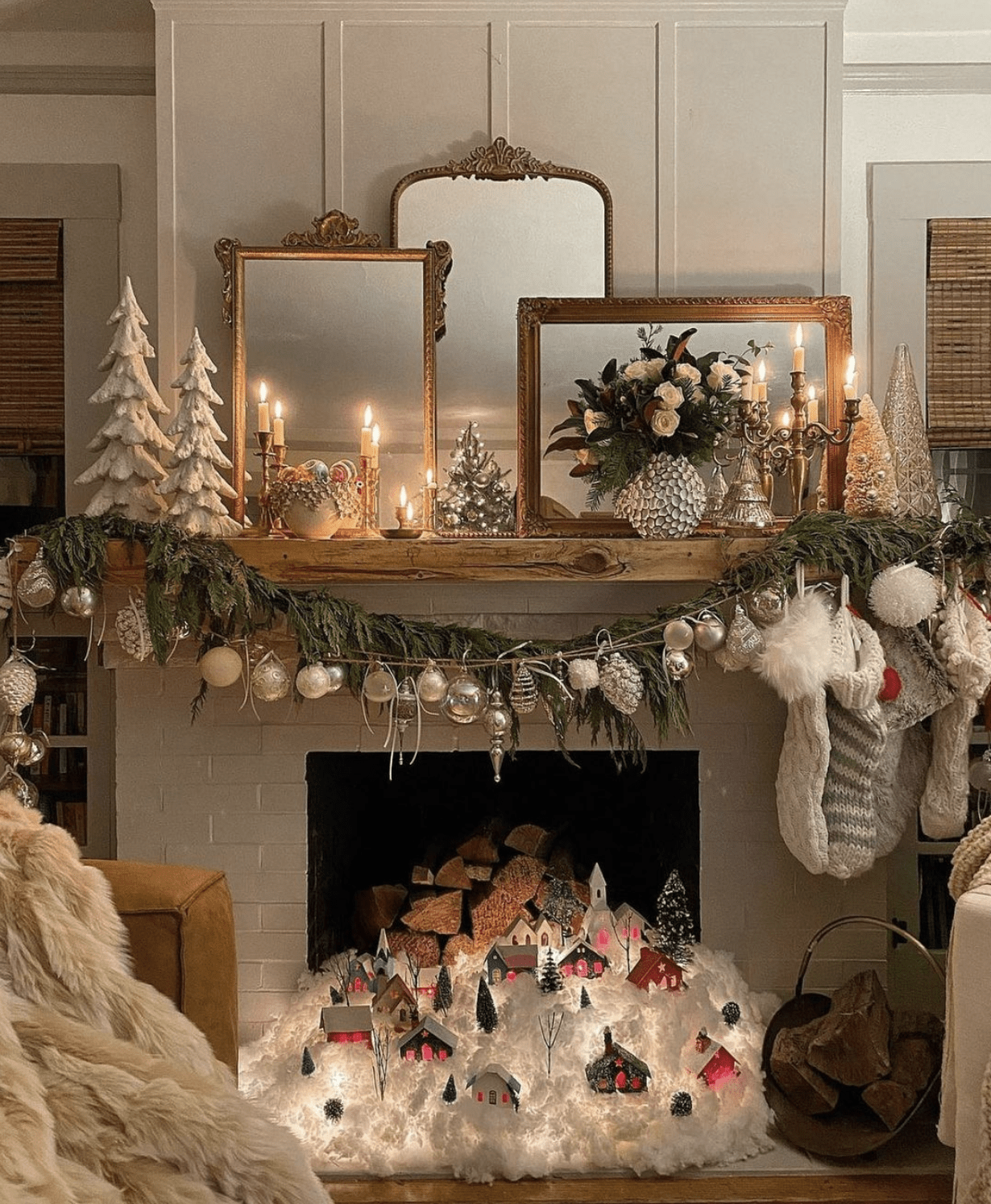 Whimsical Fireplace Mantel with Miniature Illuminated Village — Christmas Decor