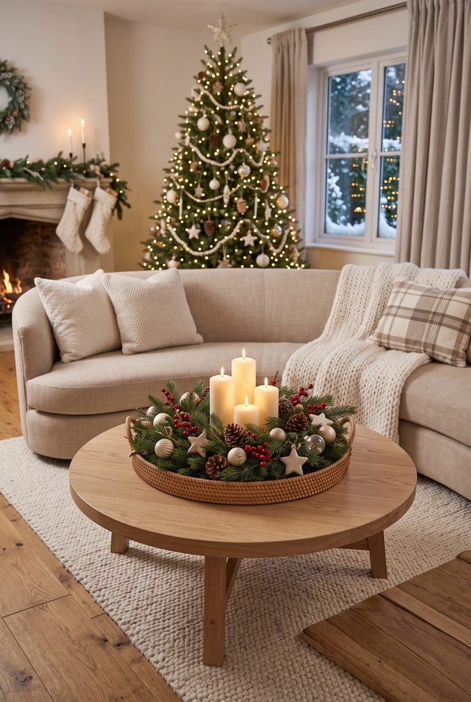Cozy Neutral Coffee Table with Wicker Tray Arrangement Cozy Neutral Coffee Table with Wicker Tray Arrangement — Christmas Coffee Table Decor