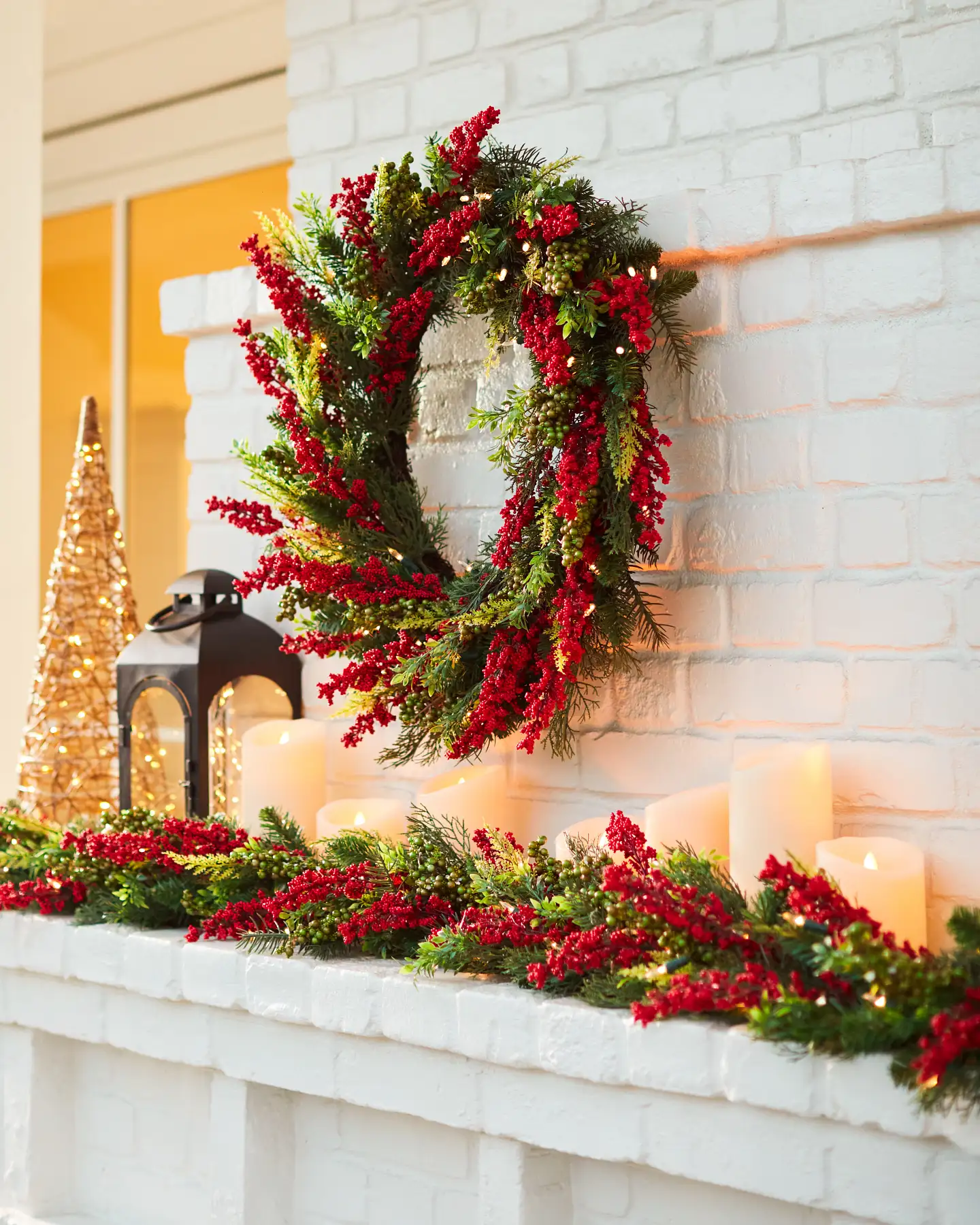 Frosted Garland and Wreath on White Brick Fireplace Frosted Garland and Wreath on White Brick Fireplace — Christmas Garland