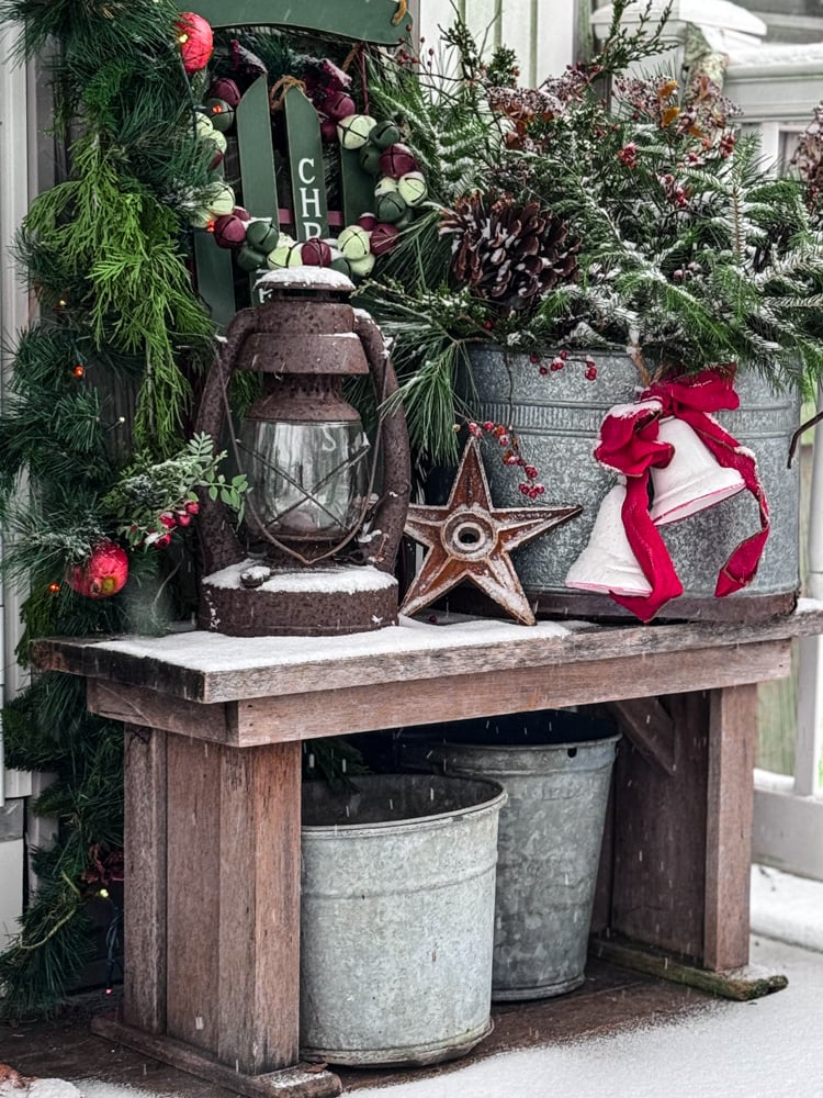 Christmas Porch Vignette with Vintage Lantern and Bells — Rustic Christmas Decor