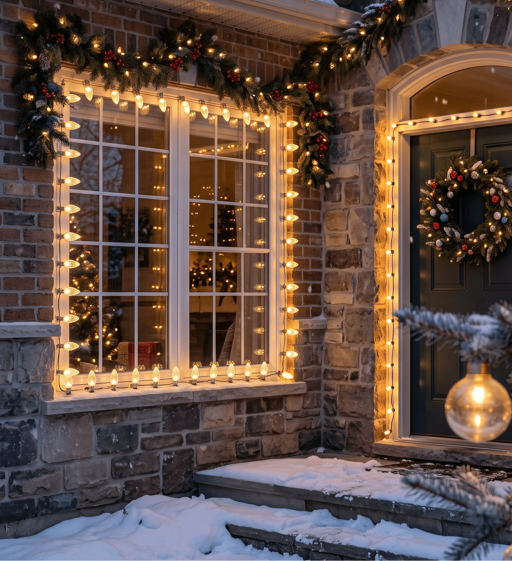 Traditional Porch with Window Lights and Garland — Outdoor Christmas Lights