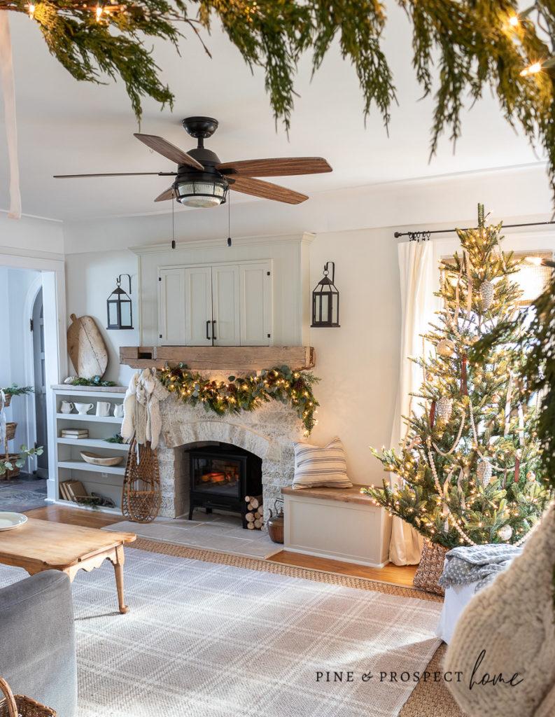 Farmhouse Living Room with Stone Fireplace — Simple Christmas Decor