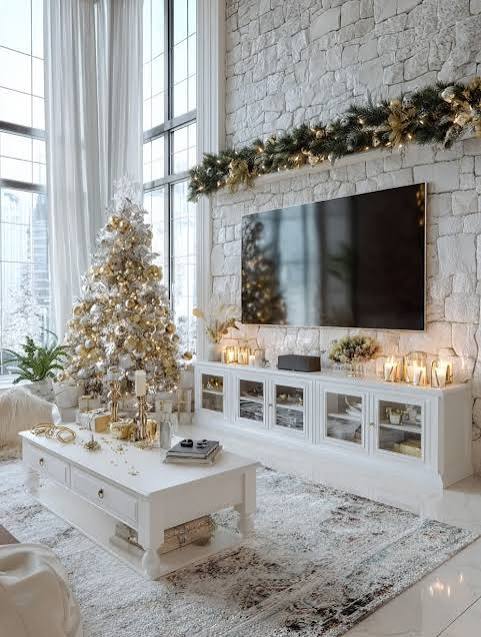Modern Living Room with Flocked Tree and White Stone Wall — Modern Christmas Decor