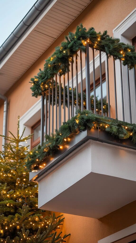 Sparkling Garland and Lights on a Balcony Railing — Christmas Balcony Decor