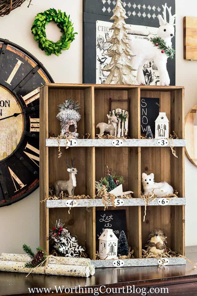Farmhouse Cubbies with Winter Scene Vignettes Farmhouse Cubbies with Winter Scene Vignettes — Christmas Shelf Decor