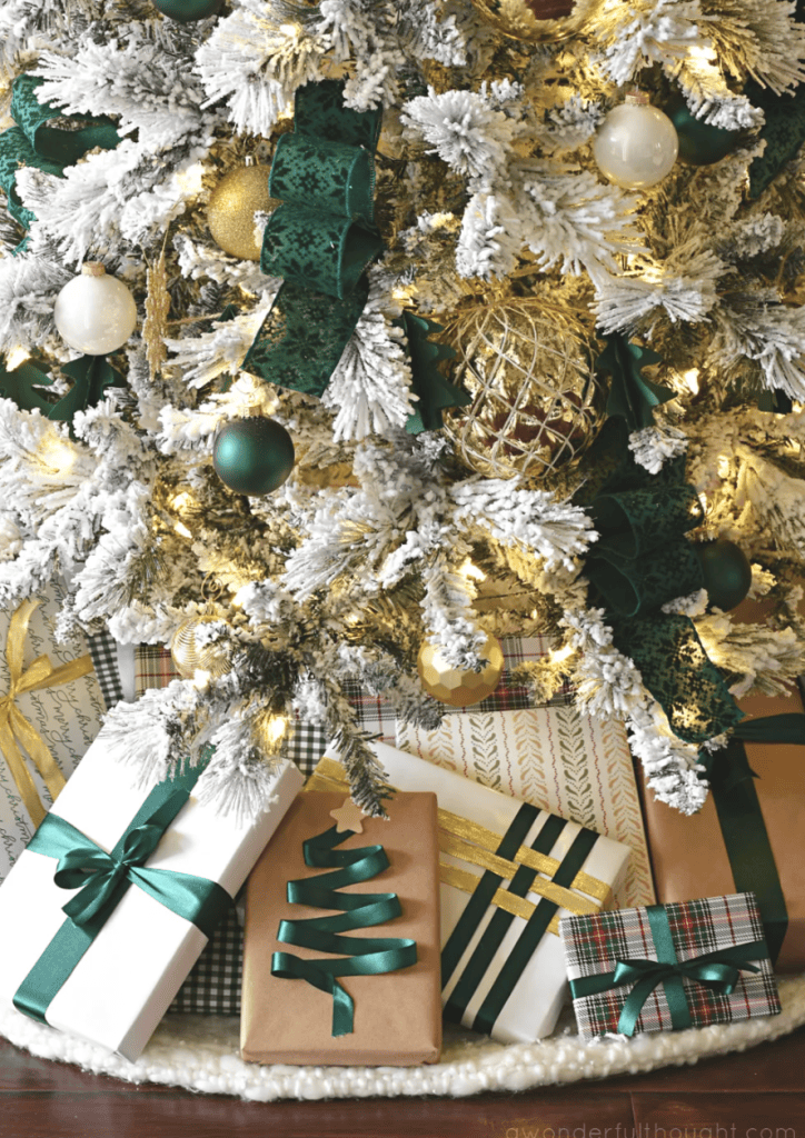 Luxurious Emerald Green and Gold Flocked Tree with Matching Gifts — Christmas Tree Color Schemes