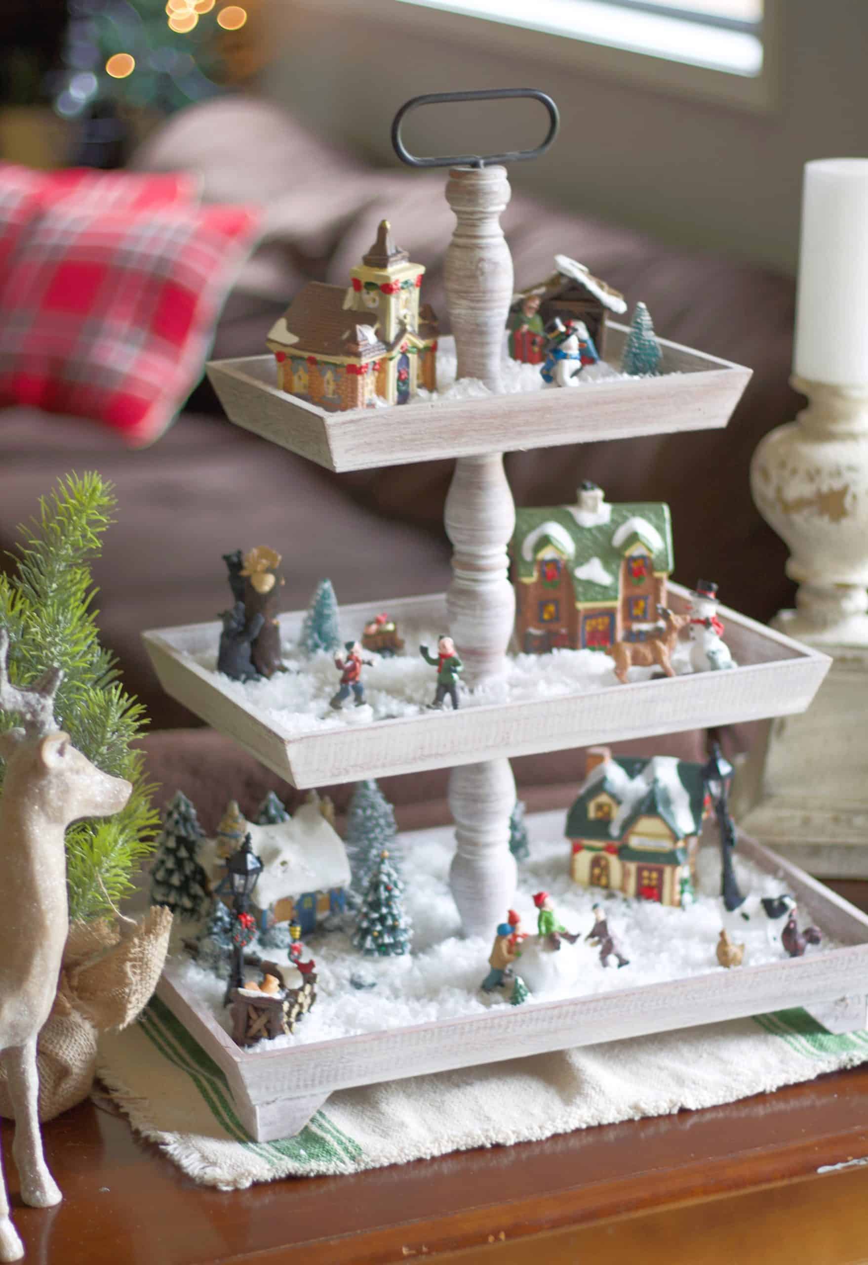 Playful Child-Friendly Village on a Rustic Tiered Stand Playful Child-Friendly Village on a Rustic Tiered Stand — Christmas Village Display