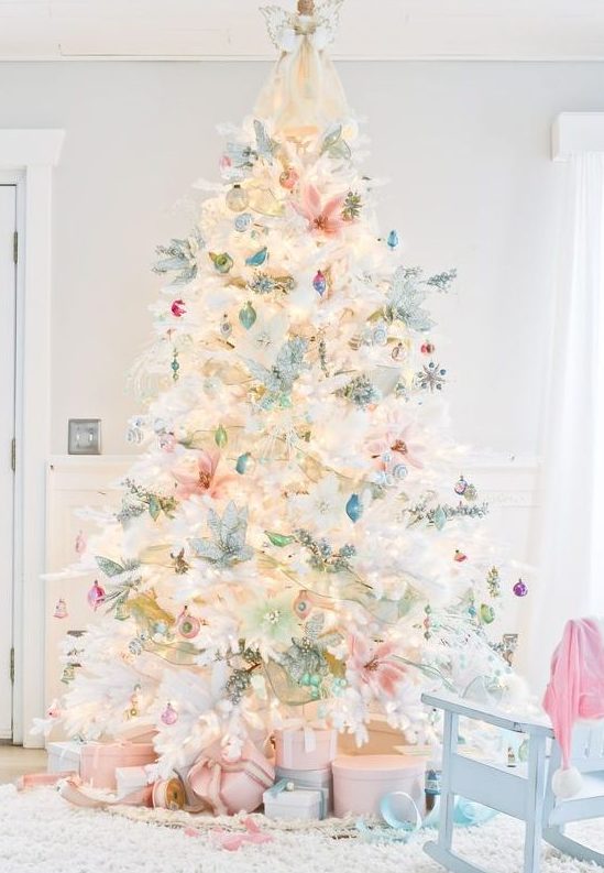 Living Room Whimsical White Tree with Pastel Ornaments and Lights Living Room Whimsical White Tree with Pastel Ornaments and Lights — Christmas Tree with Colored Lights