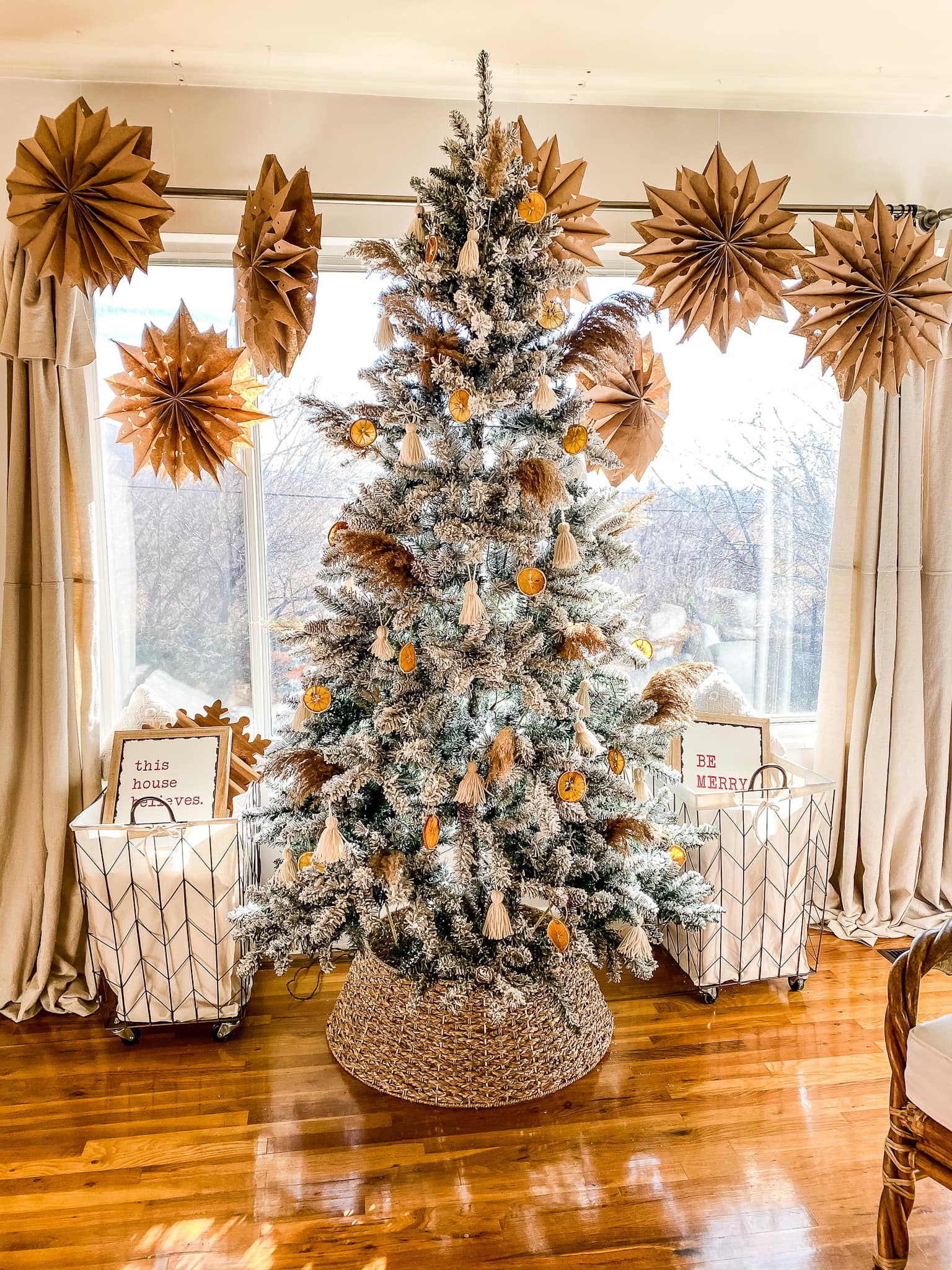 Flocked Farmhouse Christmas Tree with Natural and Paper Ornaments — Farmhouse Christmas Decor