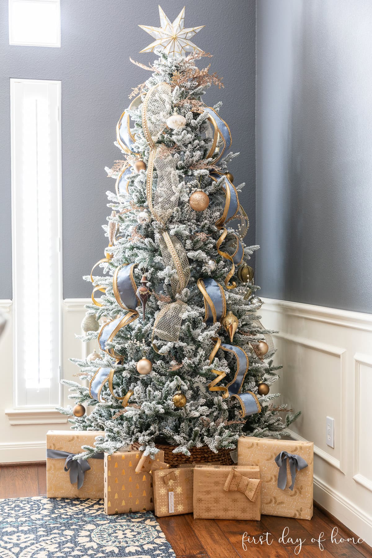 Flocked Christmas Tree with Blue Ribbon Accents — Whimsical Christmas Decor