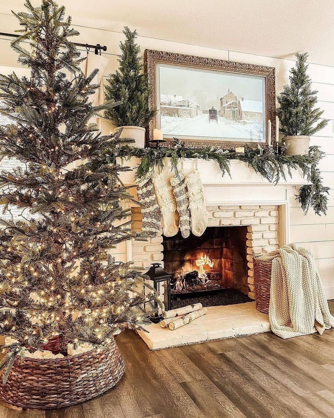Farmhouse Living Room with Fireplace and Stockings — Rustic Christmas Decor