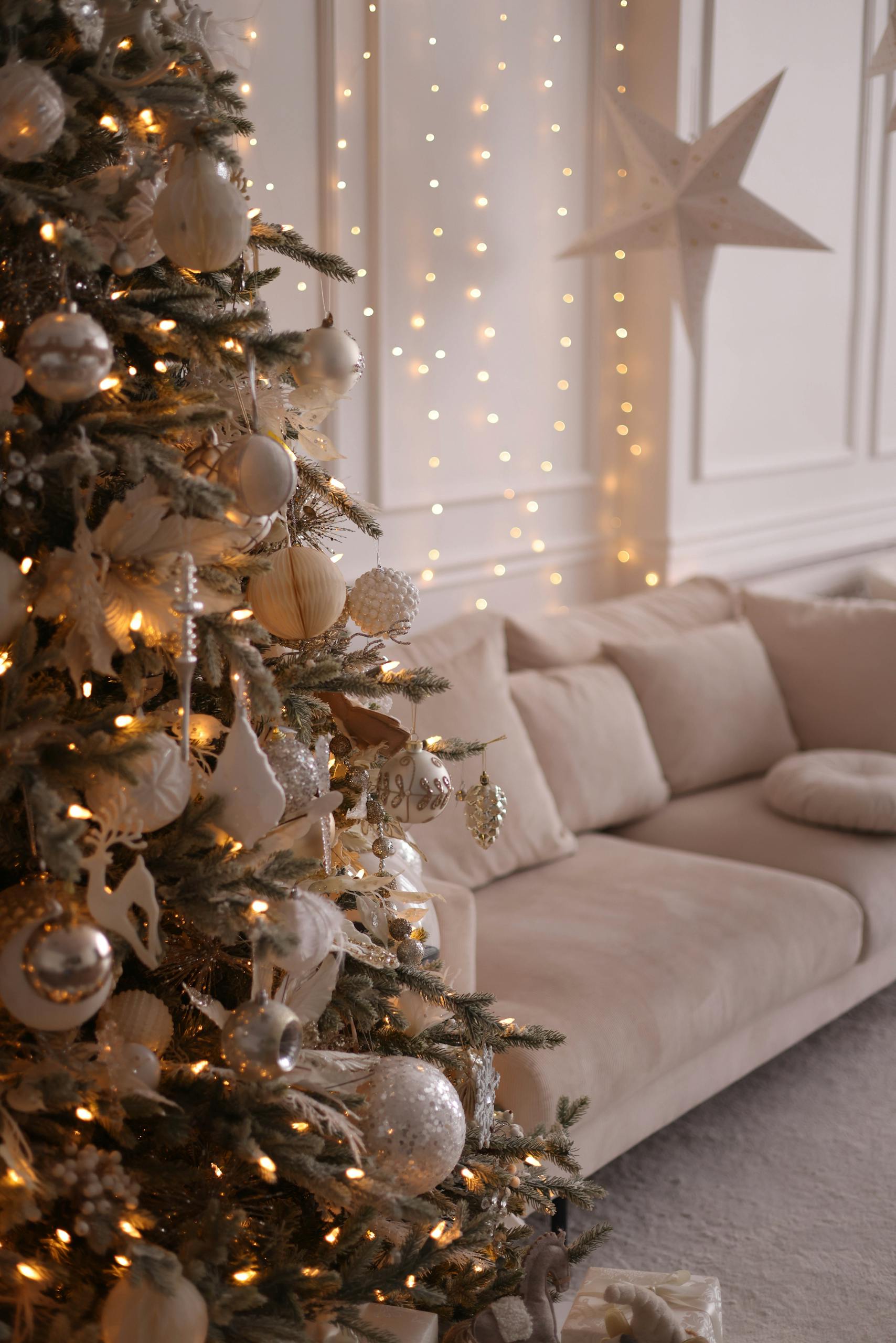 Frosted Christmas Tree Illuminated by Fairy Lights Frosted Christmas Tree Illuminated by Fairy Lights — Christmas Fairy Lights Living Room