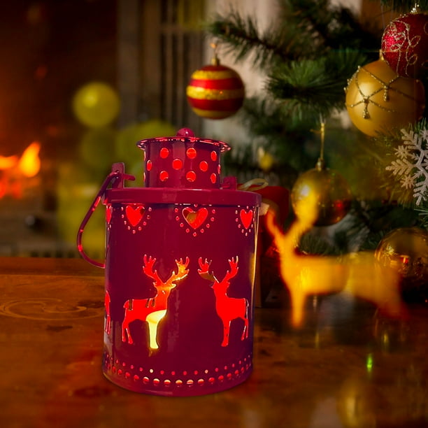 Burgundy Lantern with Reindeer Cutouts on a Wooden Table — Christmas Lantern Lights