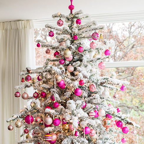 Modern Flocked Christmas Tree with Pink and Gold Ornaments — Elegant Christmas Decor