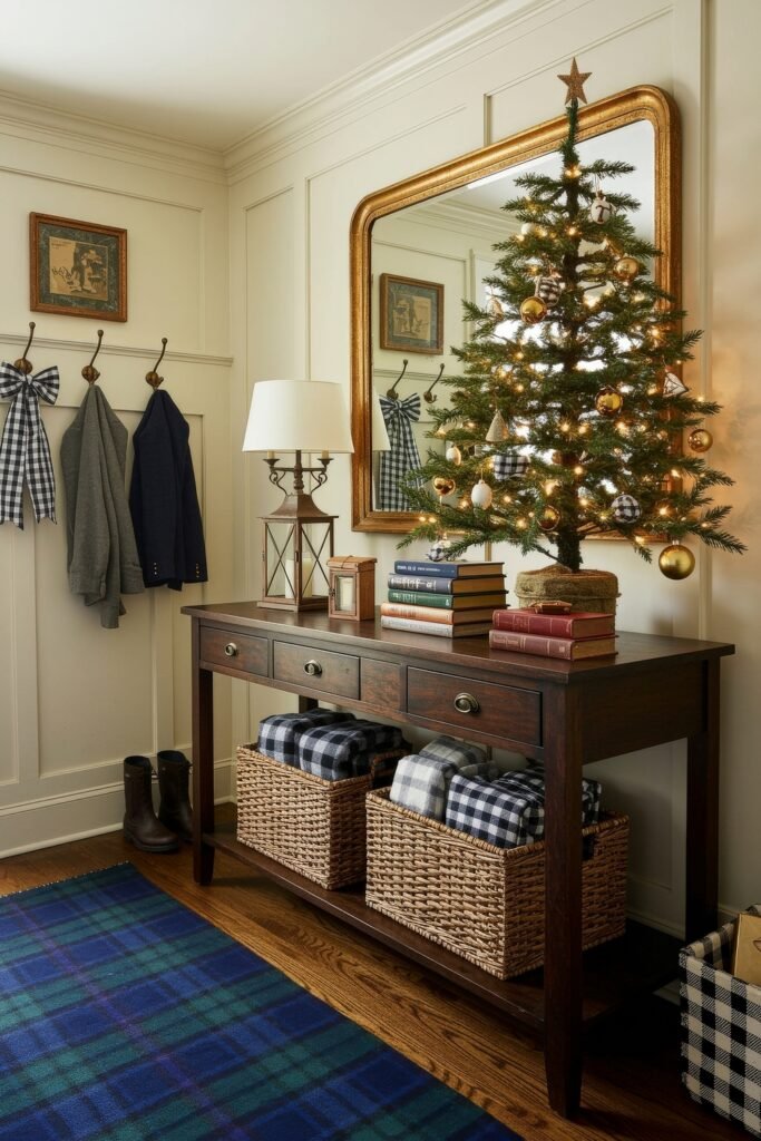 Rustic Entryway Console with Christmas Tree and Plaid Baskets Rustic Entryway Console with Christmas Tree and Plaid Baskets — Christmas Entryway Decor