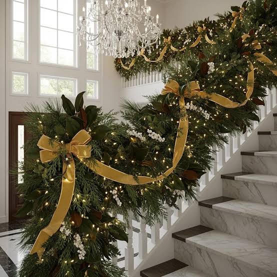 Elegant Staircase Garland with Gold Bows and Lights Elegant Staircase Garland with Gold Bows and Lights — Christmas Garland
