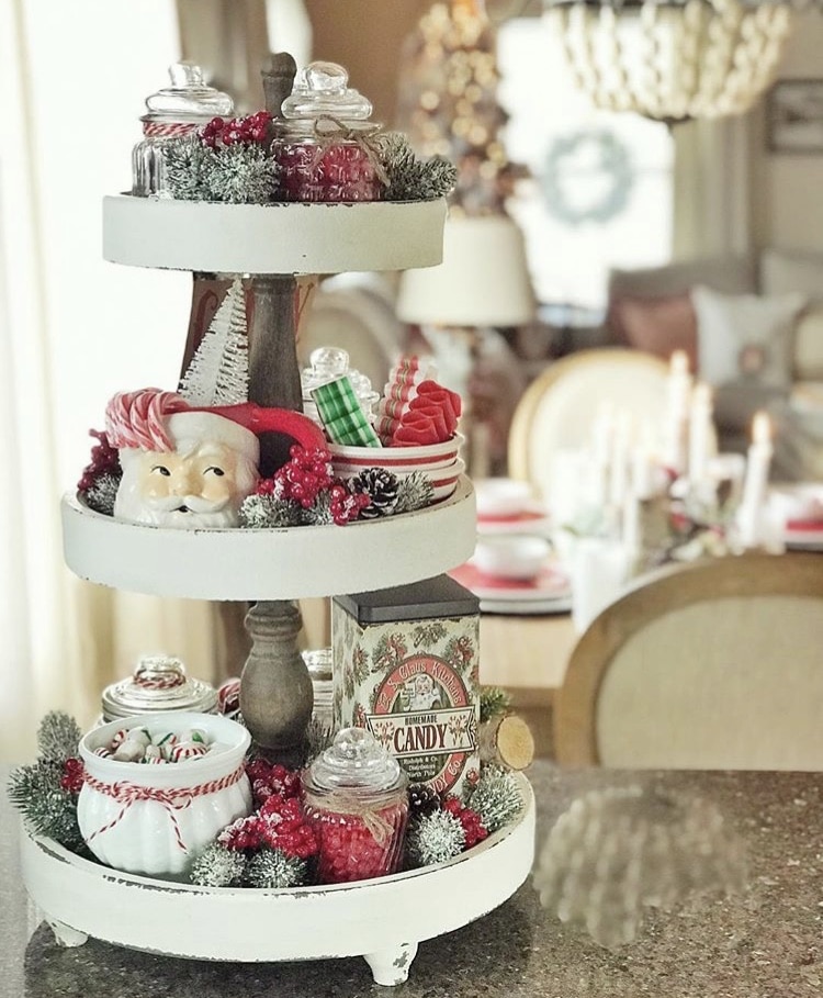 Kitchen Counter Farmhouse Tiered Tray with Santa Figures and Candy Jars Kitchen Counter Farmhouse Tiered Tray with Santa Figures and Candy Jars — Christmas Tiered Tray
