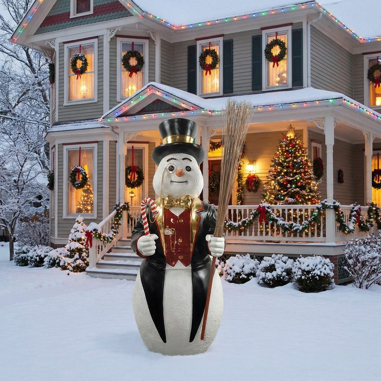 Whimsical Snowman Figure in a Lighted Yard — Christmas House Exterior Decor