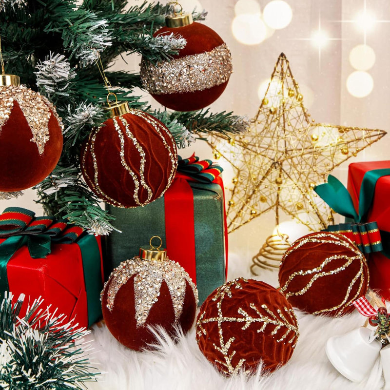 Glam Christmas Ornaments in Burgundy Velvet with Gold Glitter — Burgundy Christmas Decor