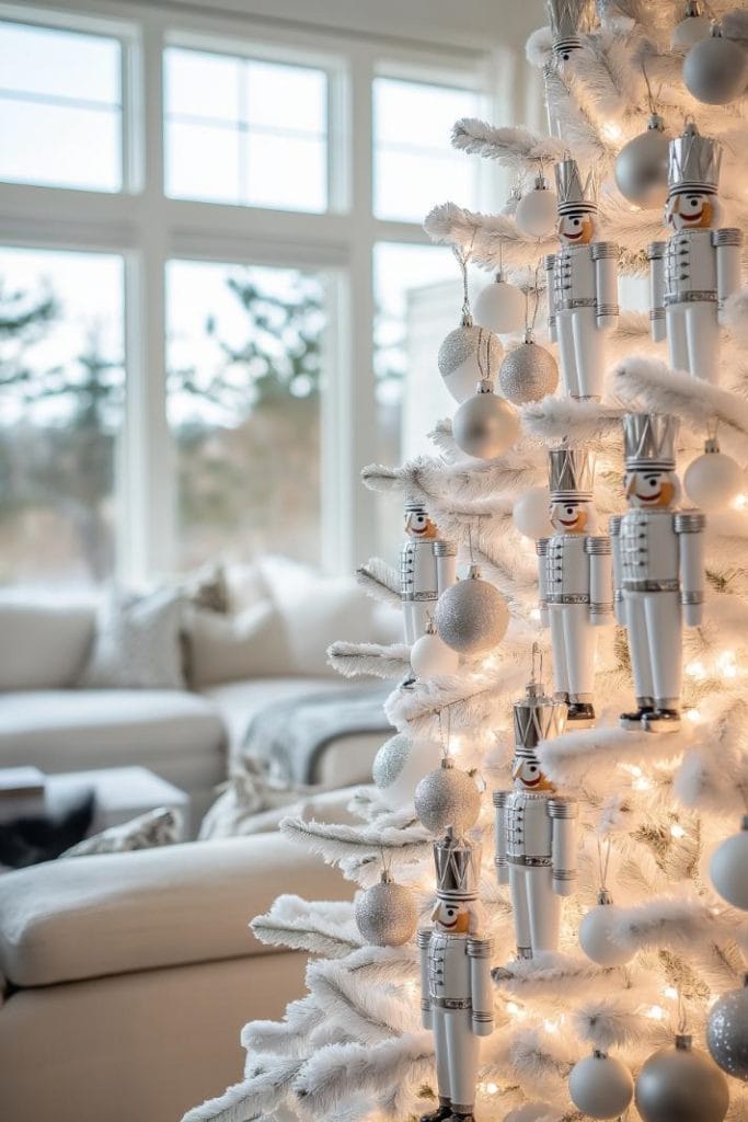 Living Room Traditional White Flocked Tree with Nutcracker Ornaments — White Christmas Tree Decor
