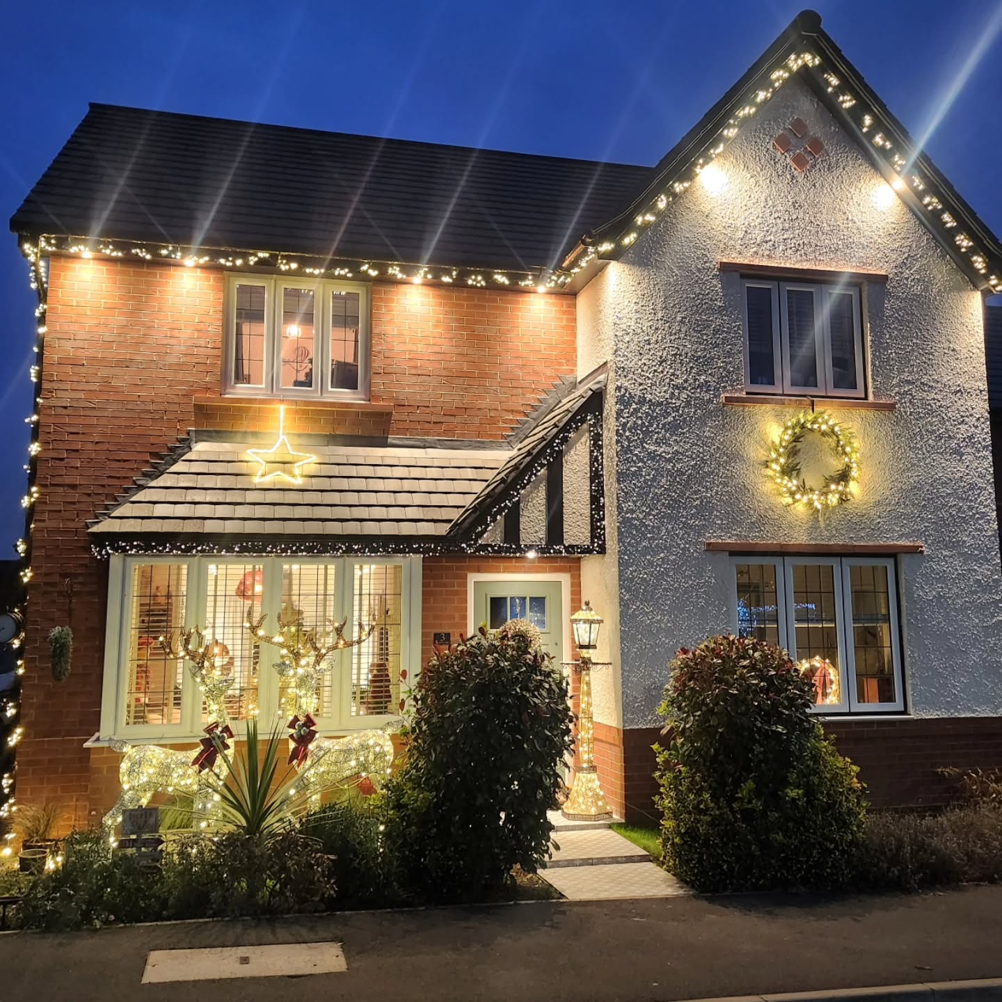Modern Traditional Facade with Mixed Light Styles — Outdoor Christmas Lights