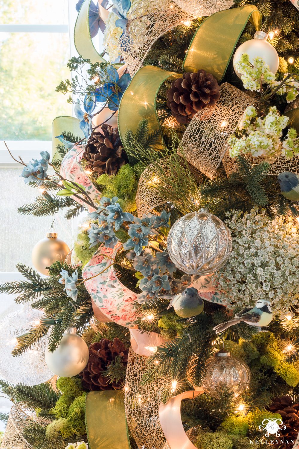 Gold and Blue Ribbon with Floral Accents Gold and Blue Ribbon with Floral Accents — Christmas Tree Ribbon