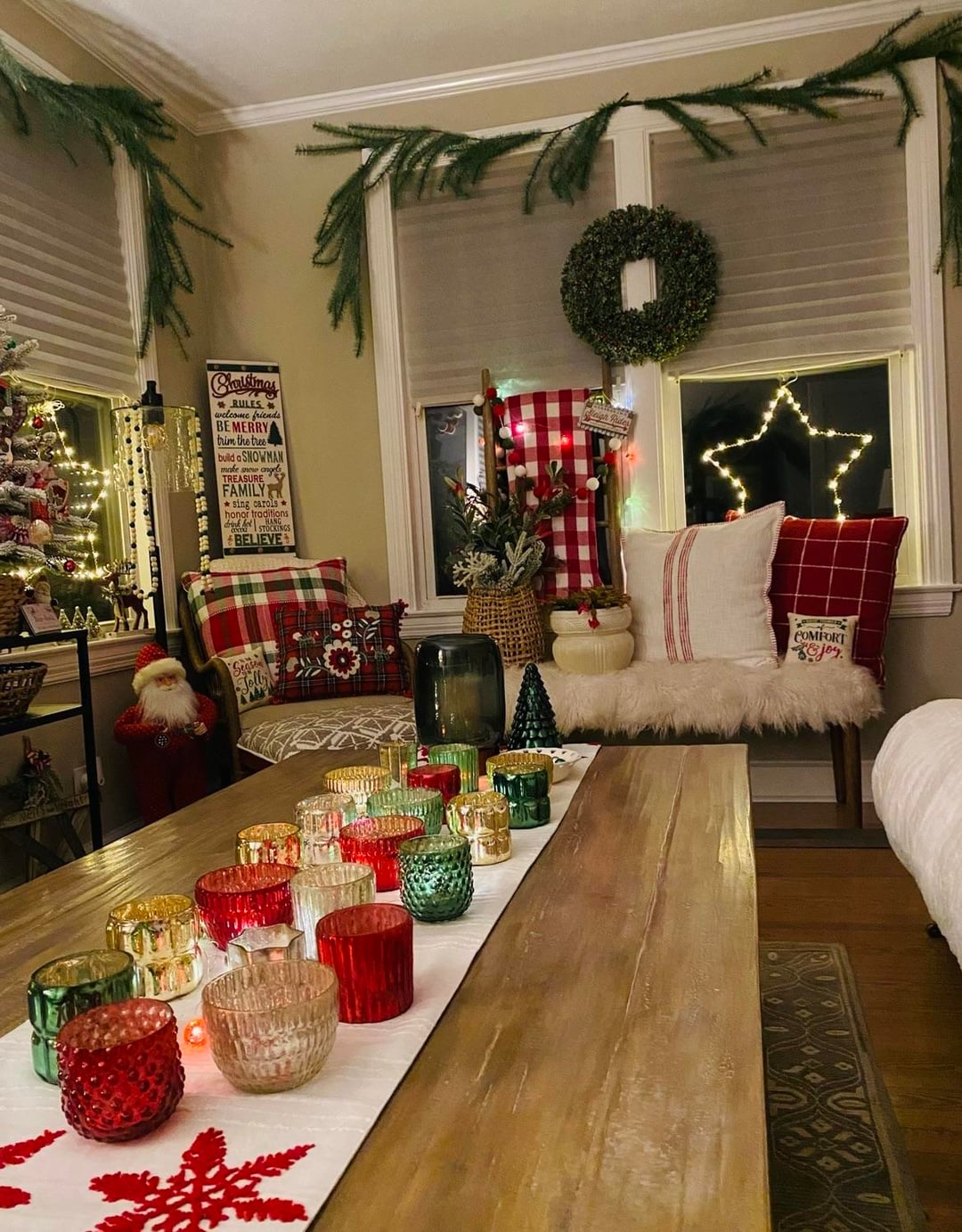 Cozy Dining Table with Colorful Glass Votives and Plaid Chairs Cozy Dining Table with Colorful Glass Votives and Plaid Chairs — Cozy Christmas Decor