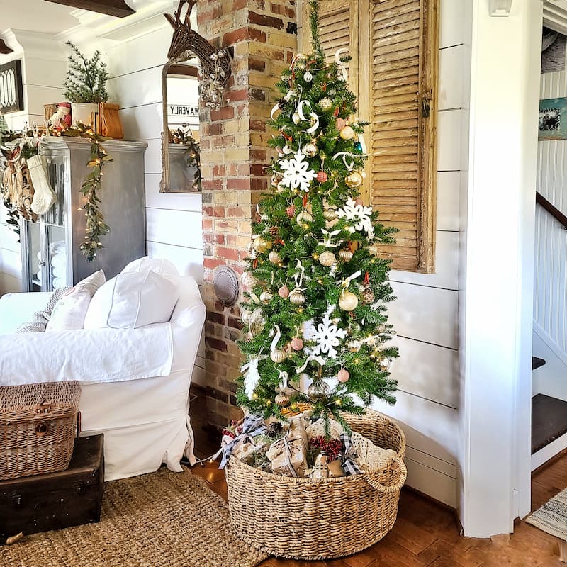 Slim Farmhouse Tree in a Wicker Basket Slim Farmhouse Tree in a Wicker Basket — Farmhouse Christmas Tree