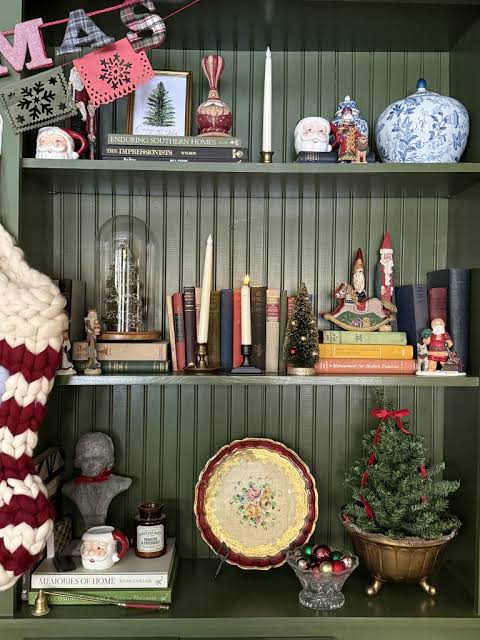 Traditional Shelf Decor with Figurines and Mini Trees Traditional Shelf Decor with Figurines and Mini Trees — Christmas Shelf Decor