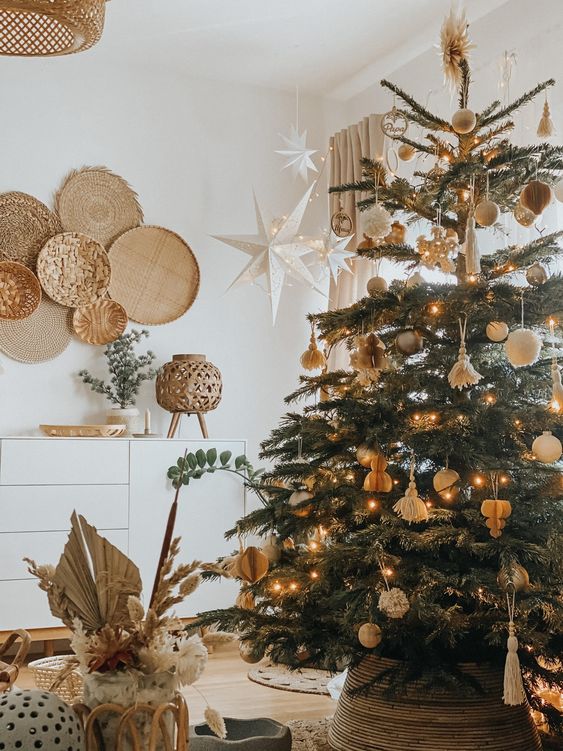 Neutral Cream Beige Gold Green Visual Idea — Boho Christmas Decor