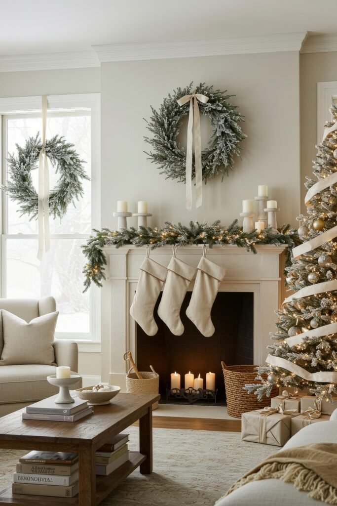 Classic Cozy Living Room with Flocked Trees and Fireplace Garland Classic Cozy Living Room with Flocked Trees and Fireplace Garland — Cozy Christmas Decor