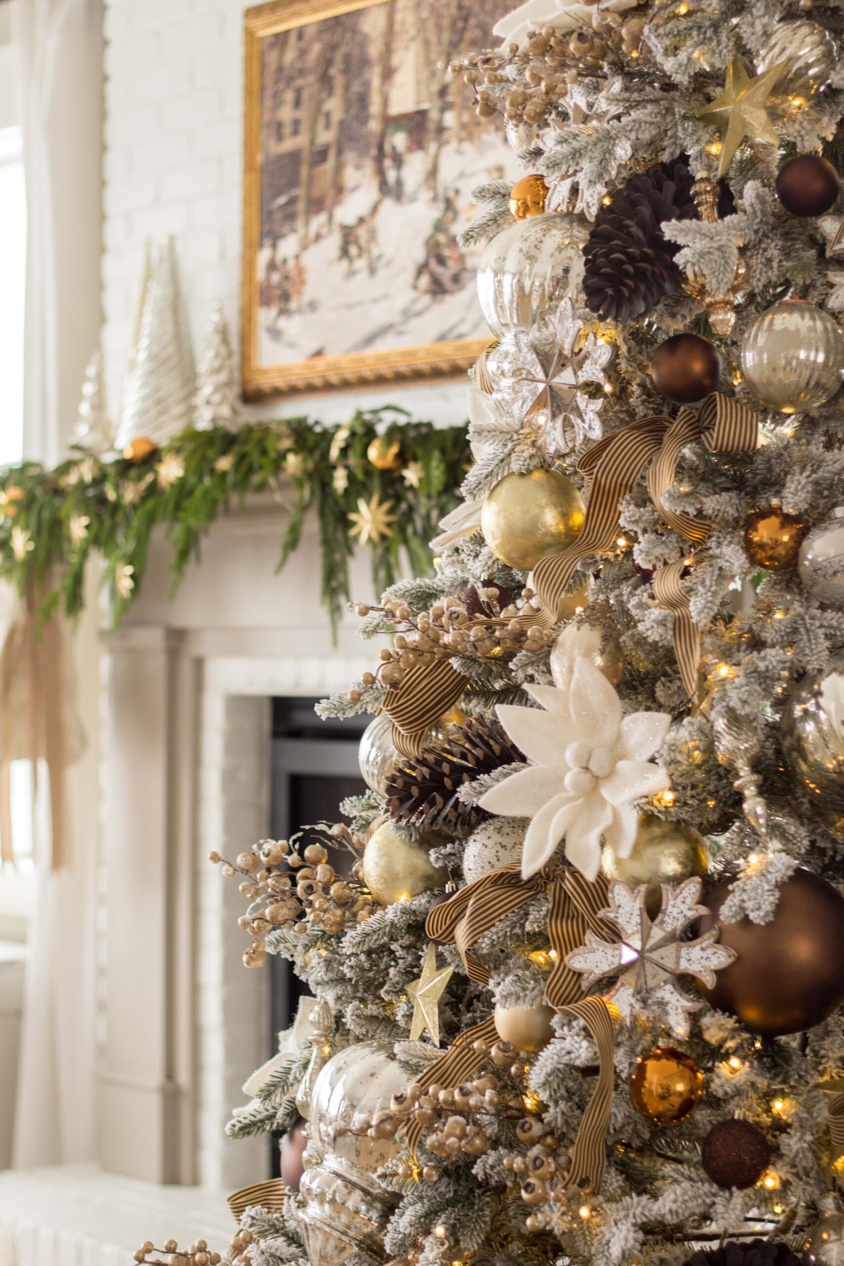 Farmhouse Mocha and Gold Tree with Frosted Branches — Christmas Tree Color Schemes
