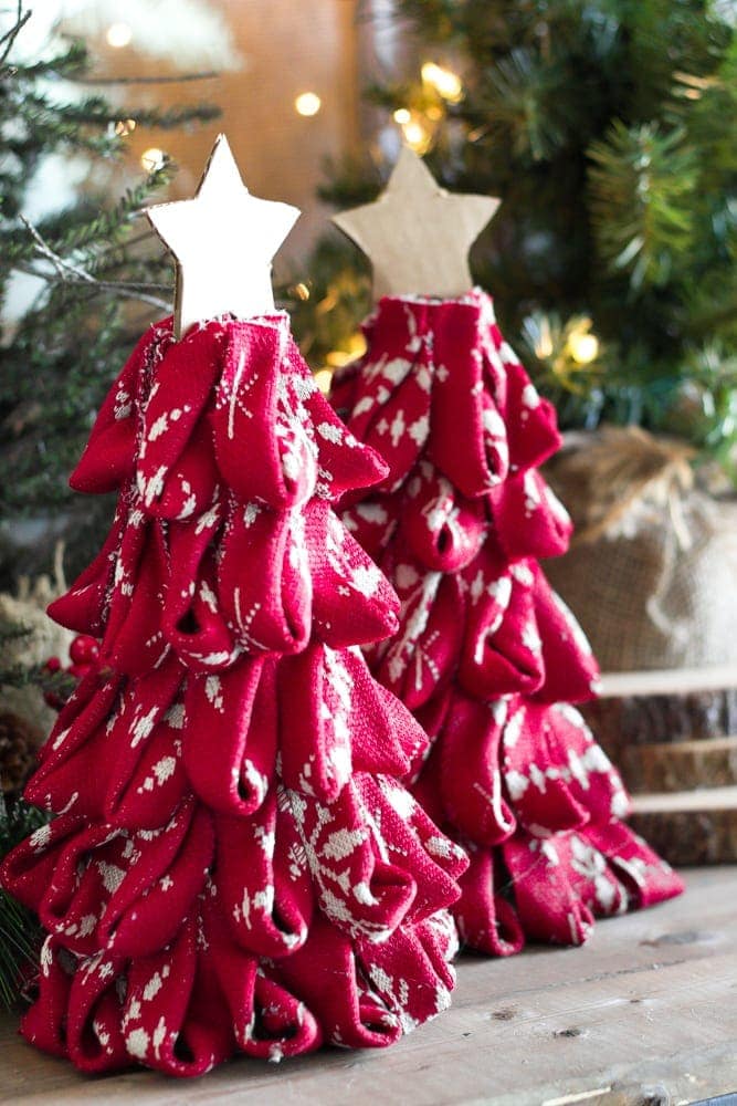 Rustic DIY Fabric Mini Trees with Wooden Stars — Small Christmas Tree Decor