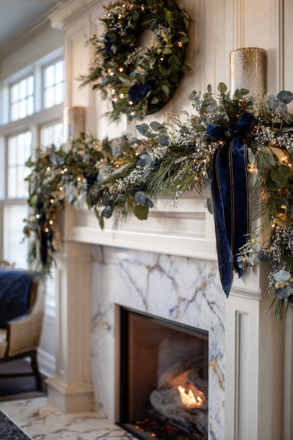 Classic Elegance: Fireplace Mantel with Blue Velvet Garland — Elegant Christmas Decor