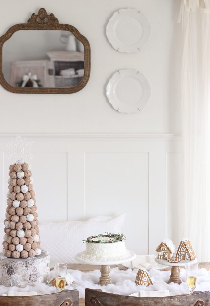 Modern Dessert Table with Donut Ball Tower and Champagne — Christmas Dessert Table