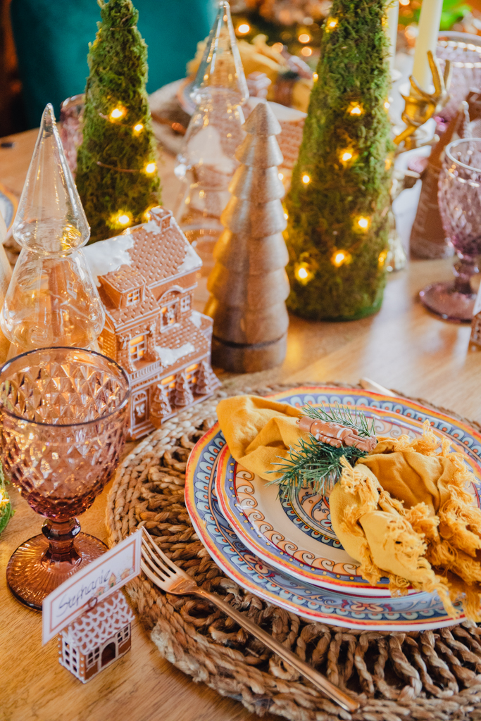 Eclectic Holiday Table Setting with Gingerbread House and Moss Trees — Gingerbread Christmas Decor
