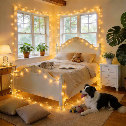 Traditional Bedroom with Fairy Lights Outlining Bed Frame and Headboard — Christmas Fairy Lights Headboard