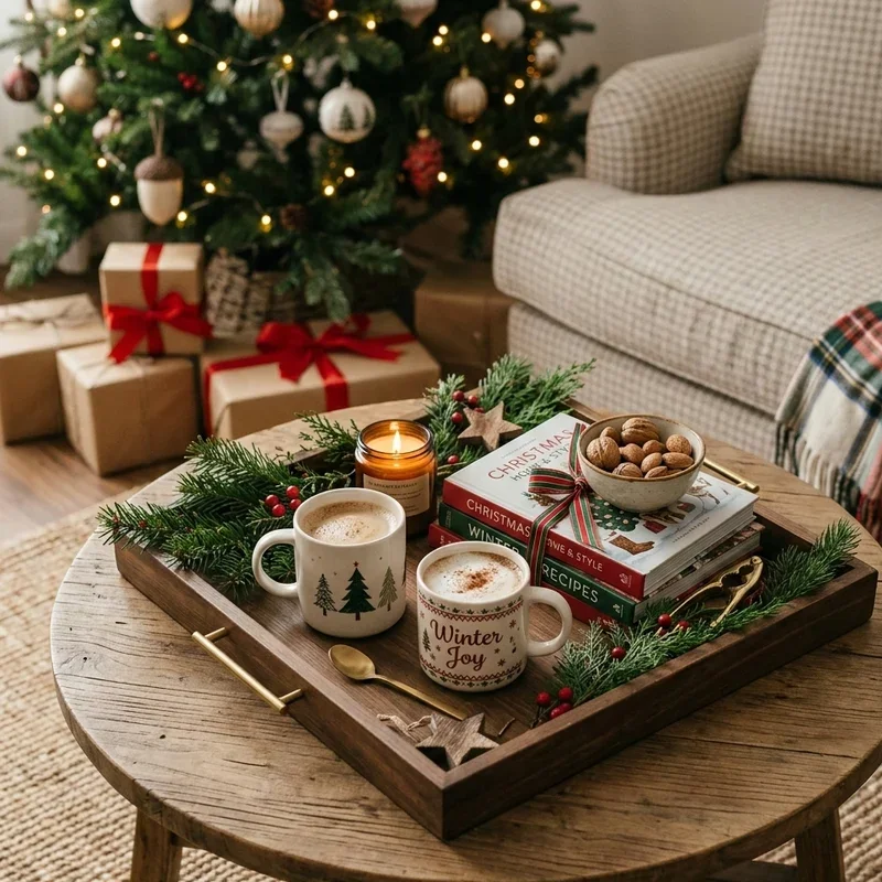 Traditional Coffee Table with Cozy Mugs and Pine Garland Traditional Coffee Table with Cozy Mugs and Pine Garland — Christmas Coffee Table Decor