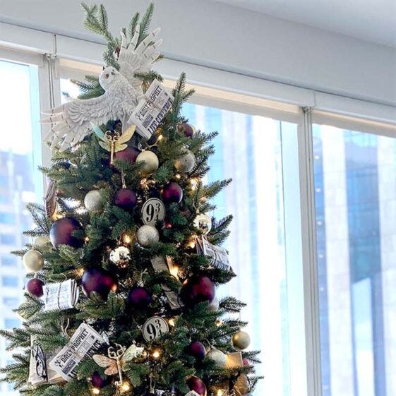 Themed Owl Topper and Newspaper Ornaments with Burgundy and Gold — Elegant Christmas Tree