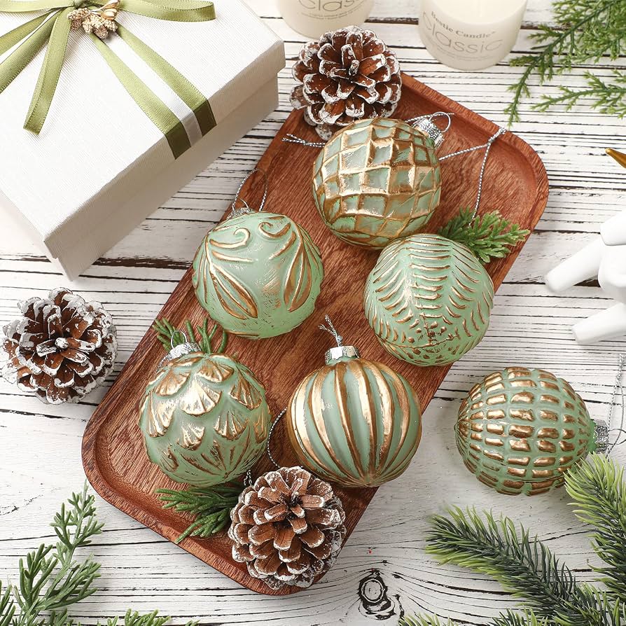 Rustic Sage Green Glass Ornaments on a Wooden Tray Rustic Sage Green Glass Ornaments on a Wooden Tray — Sage Green Christmas Decor