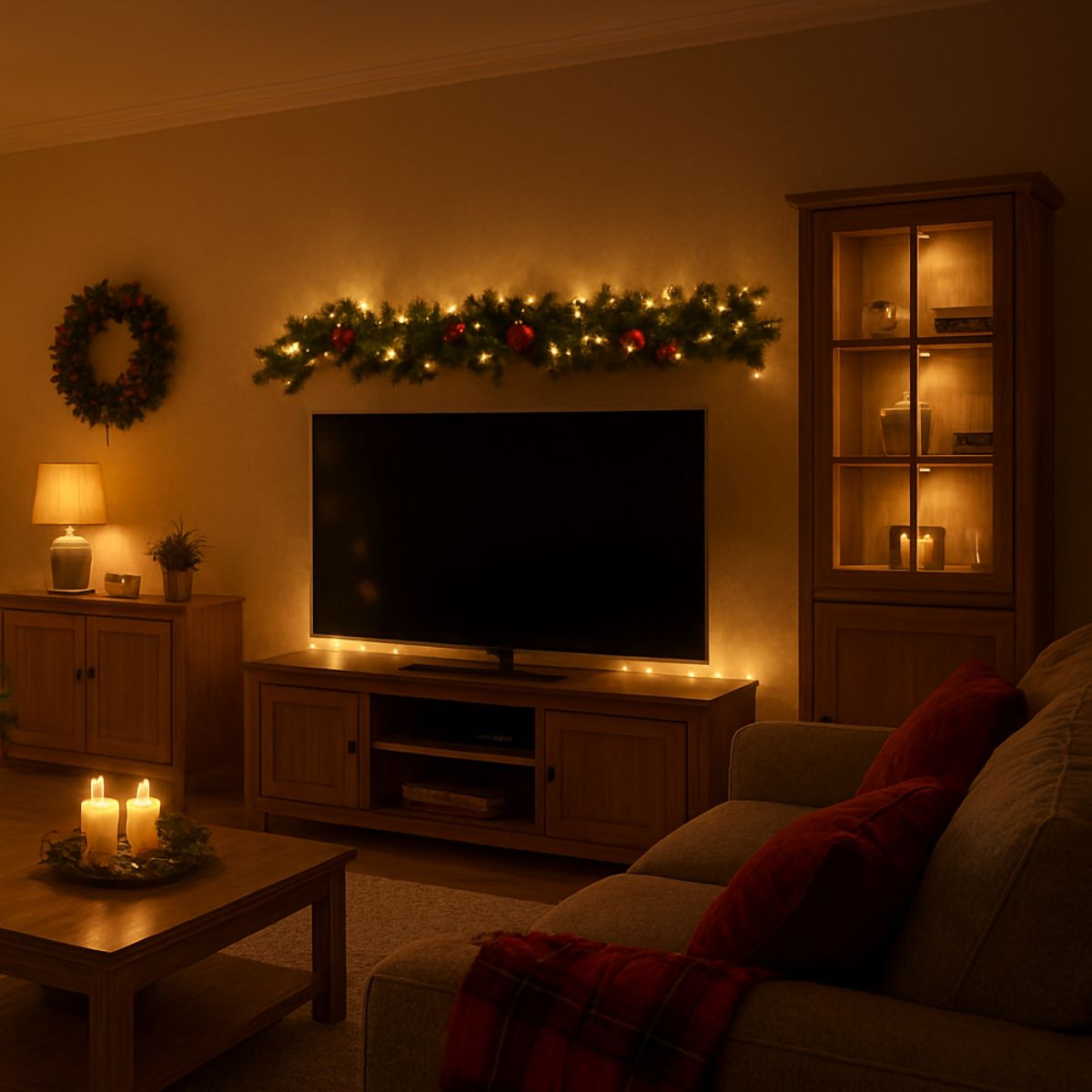 Festive Garland with Fairy Lights Above Television Festive Garland with Fairy Lights Above Television — Christmas Fairy Lights Living Room