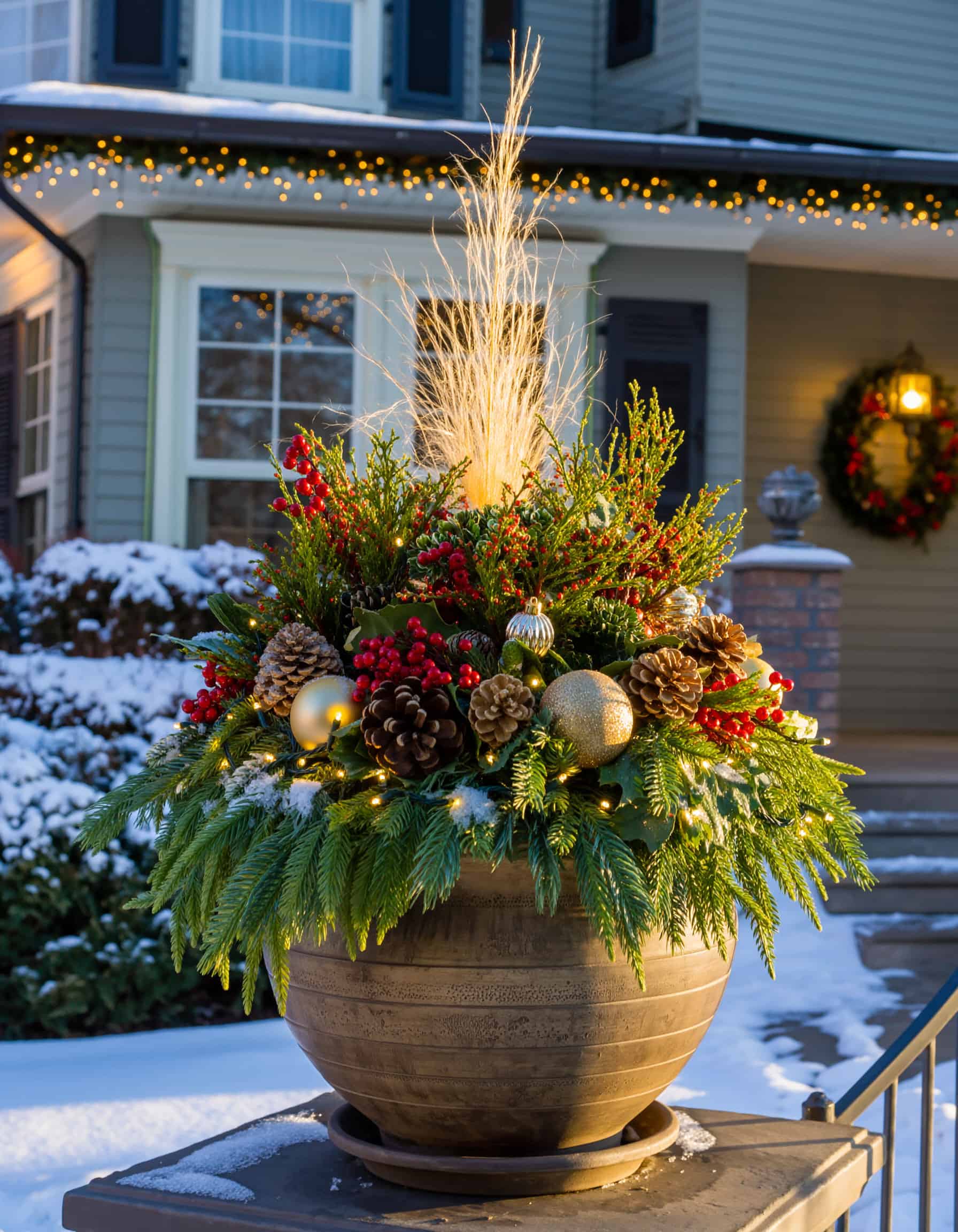 Rustic Planter Arrangement with Glowing Fairy Lights — Simple Christmas Outdoor Decor