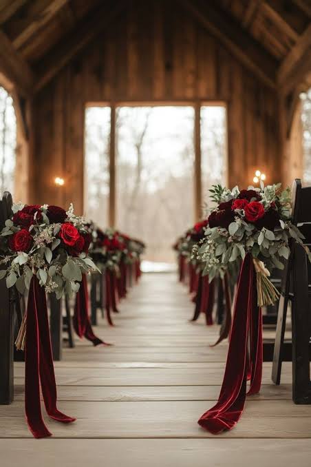 Rustic Barn Aisle with Velvet Ribbon Accents — Christmas Wedding Decor