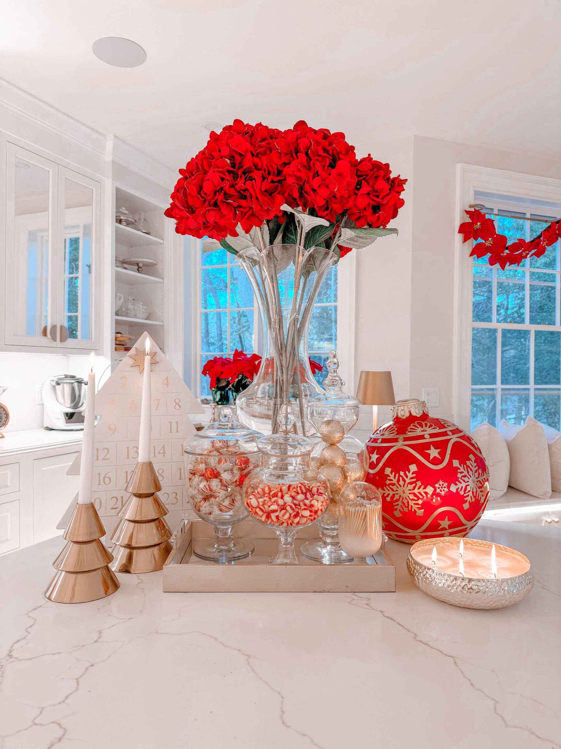 Modern Kitchen Island with Large Red Bauble and Advent Calendar — Christmas Kitchen Decor