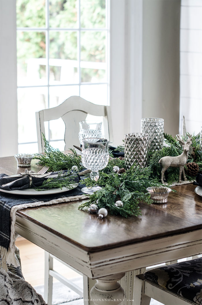 Rustic Dining Table with Pine Garland and Silver Deer — Rustic Christmas Decor