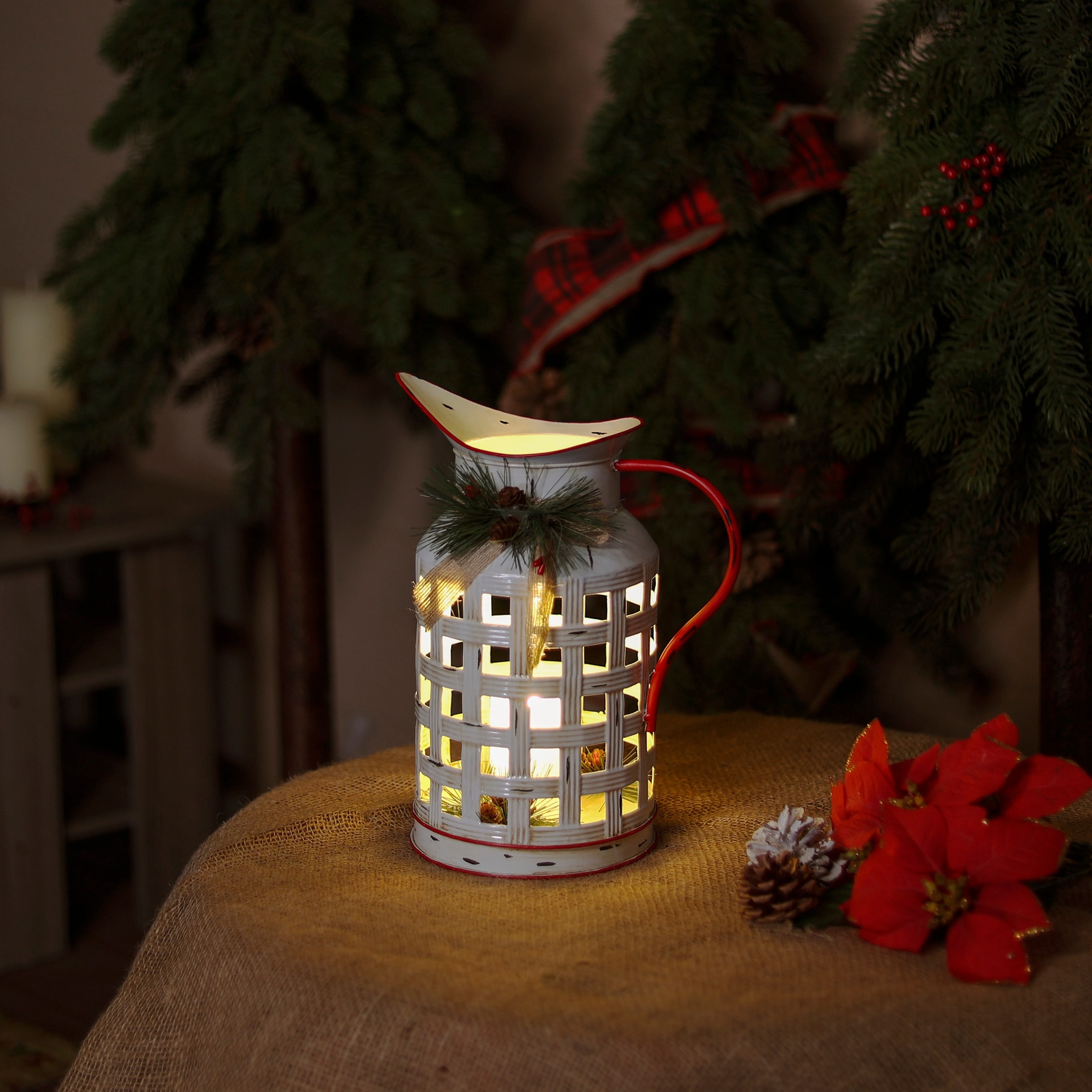 White Pitcher Lantern with Pinecones and Greenery — Christmas Lantern Lights