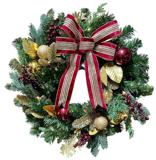 Decorated Wreath with a Rich Burgundy Velvet Bow and Gold Ornaments — Burgundy Christmas Decor