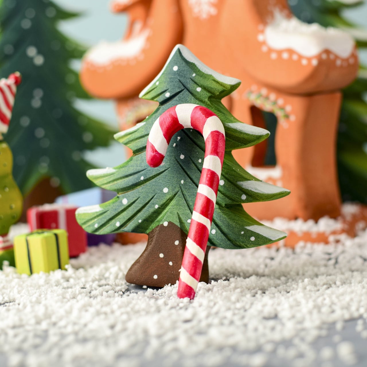 Handcrafted Wooden Candy Cane in a Miniature Scene — Candy Cane Christmas Decor